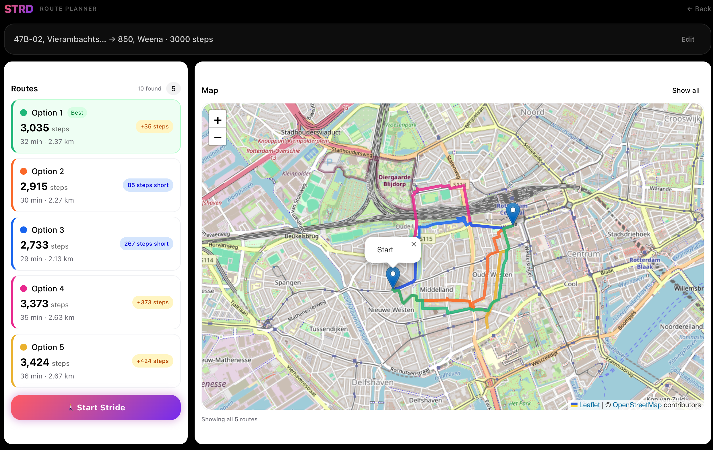 STRD app — route planner showing step-matched route options